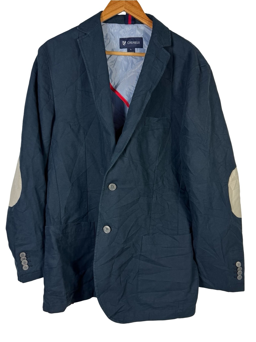 Cremieux Blazer Mens L Navy Blue Linen Cotton Elbow Patch Sport Coat Preppy
